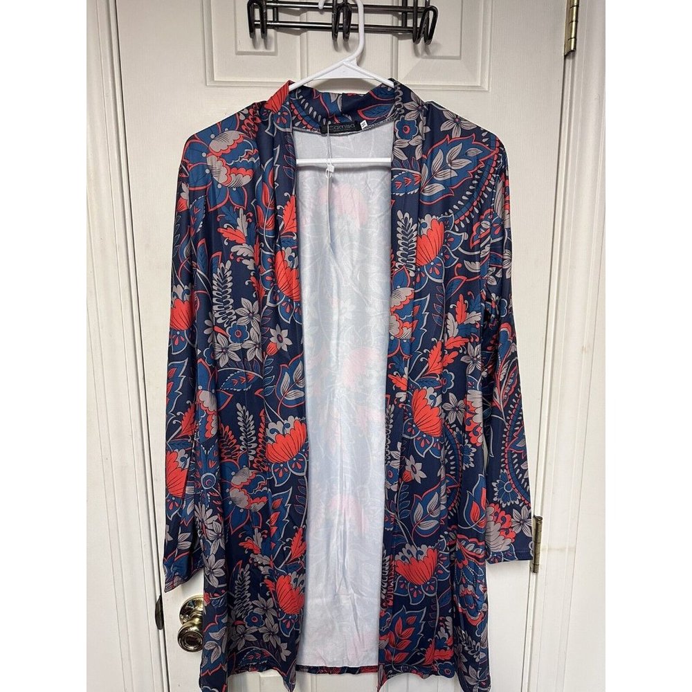 Navy Gray Orange Paisley Open Cardigan Women's Size M NWT